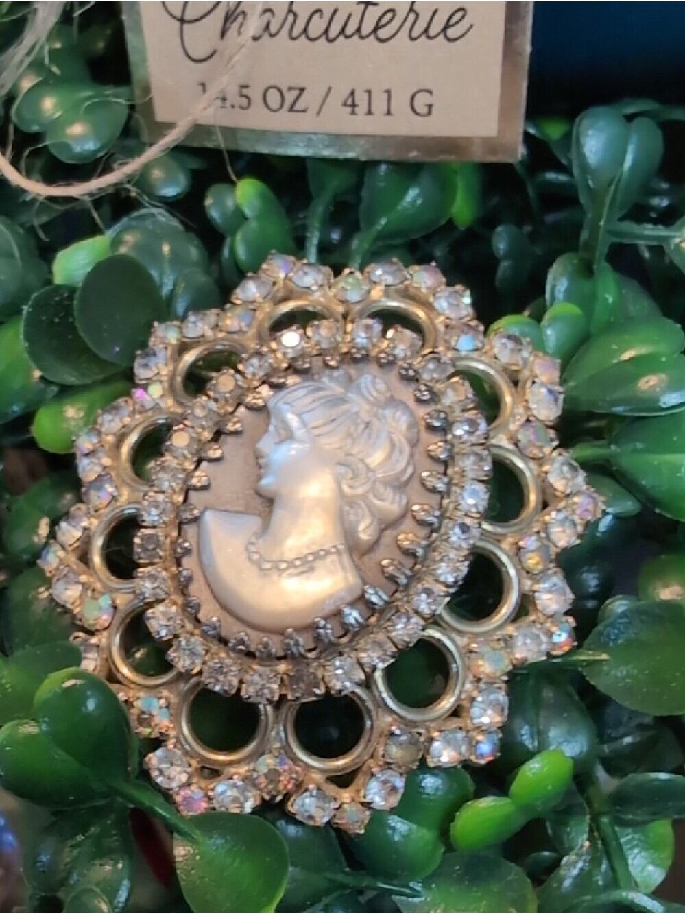 Ornate Gold-Tone Cameo Brooch with Rhinestones